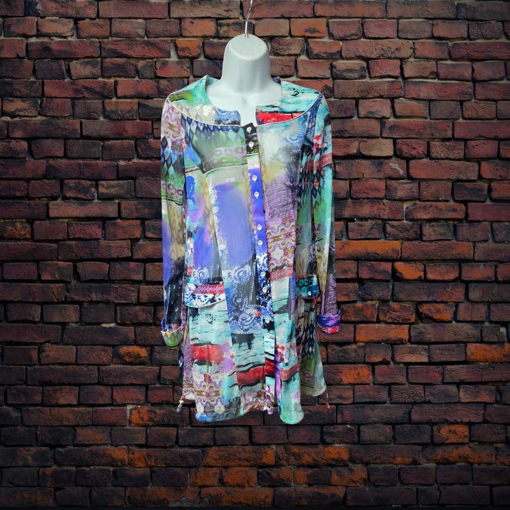 Michael Tyler Womens Button Up Tunic Dress Small Abstract Print Long‎ Sleeve